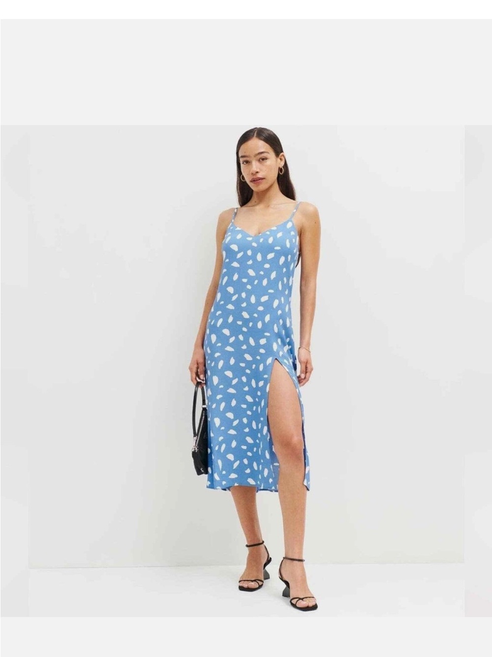 Reformation Blue and White Printed Slip Midi Dress with High Slit